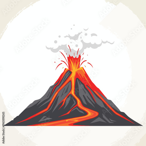 Stylized volcano erupting with lava flows and smoke plumes
