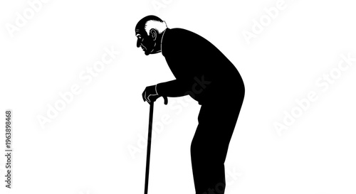 Elderly Man Leaning on Walking Stick Silhouette.