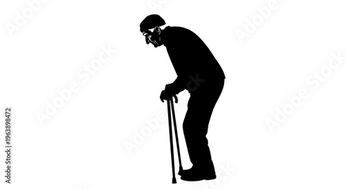 Elderly Man Leaning on Walking Sticks.