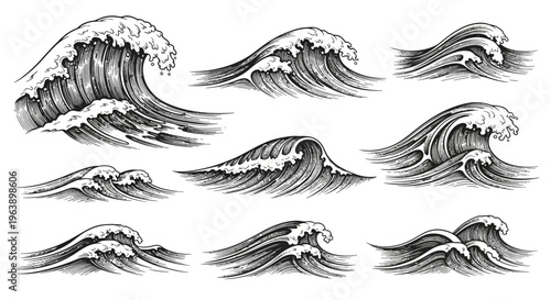 Set of Hand Drawn Ocean Waves in Engraving Style