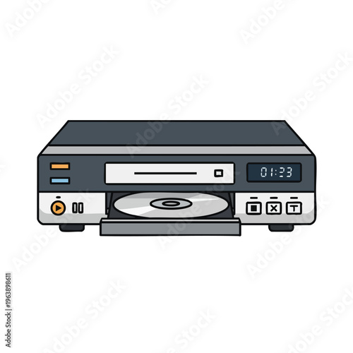 Gray DVD player with open disc tray, visible disc, and digital display