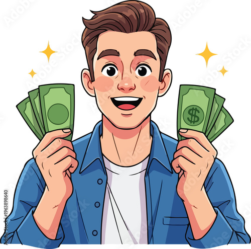 Successful happy man holding cash money, excited young male character with dollar bills, financial wealth and lottery winner vector illustration