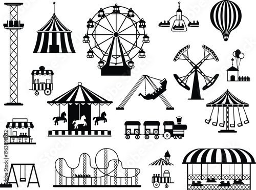 Collection of twelve amusement park attraction silhouettes including ferris wheel carousel roller coaster circus tent bumper cars swing ride illustration