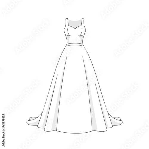 A flowing white floor-length gown with a sweetheart neckline and train