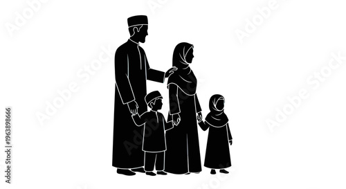 Family Silhouette Illustration with Traditional Clothing.