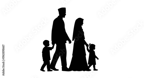 Family Silhouette Walking Together Hand in Hand.