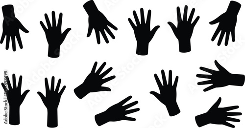 Collection of twelve black hand silhouettes with fingers spread in different positions, gesture icons caution symbol design illustration