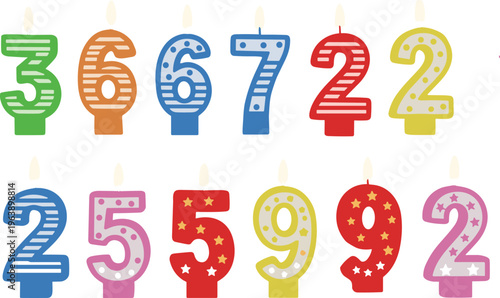 Colorful birthday number candles with flames, decorative striped dotted star patterns, celebration party supplies, festive anniversary cake topper, vibrant multicolor design illustration