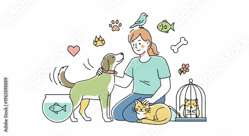 A woman surrounded by her pets, including a dog, cat, bird, and fish.
