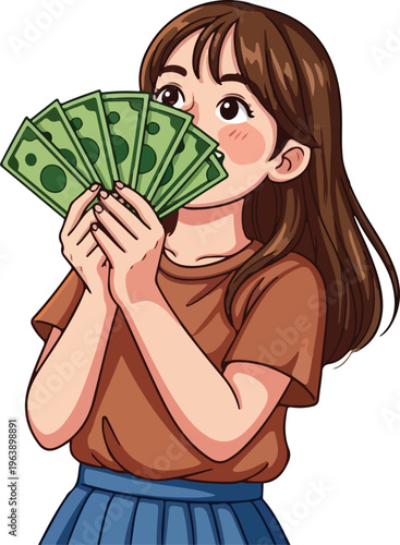 Anime style young woman holding fan of cash, happy girl with money banknotes, financial success and wealth concept vector illustration