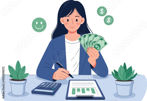 Successful business woman holding cash at desk, female accountant managing financial budget with calculator, professional investor with money