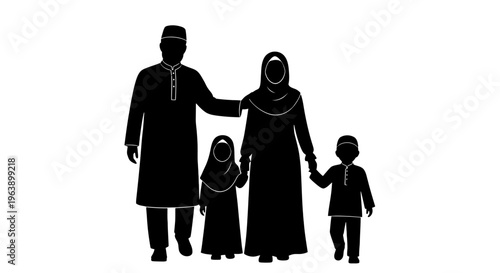 Silhouette of Muslim Family Standing Together.