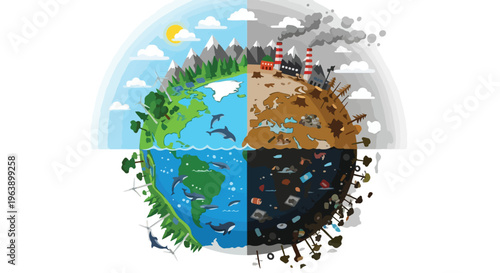 Earth Day illustration depicting the contrast between a healthy planet and environmental degradation