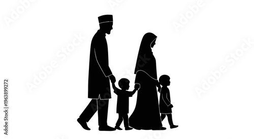 Silhouette of Muslim Family Walking Together.