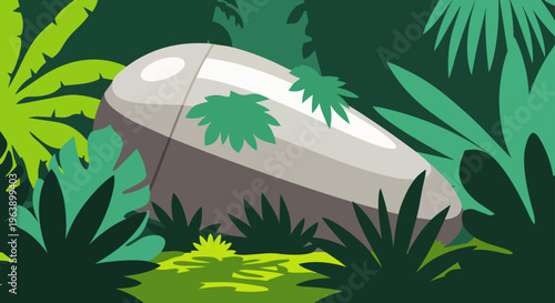 a mysterious ufo capsule spaceship hidden deep within a lush green jungle hinting at alien discovery and sci-fi adventure.