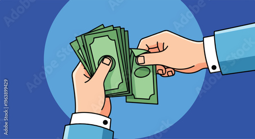 Flat vector illustration of hands exchanging cash money, businessman paying with green paper banknotes, financial transaction and payment concept