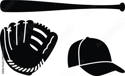 Silhouette of baseball bat glove and cap icons, sport equipment symbols black design team identity hitting fielding illustration