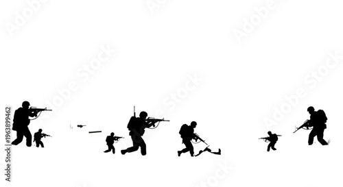 Silhouetted Soldiers Running with Guns Firing.