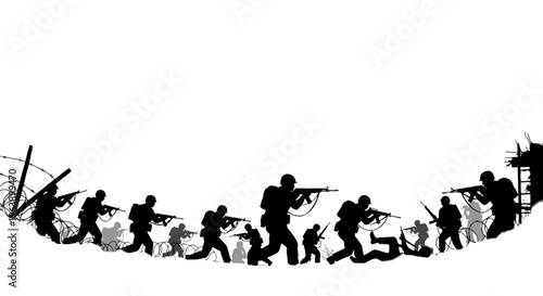 Silhouetted Soldiers Advancing Through War Zone.