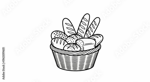 A black and white illustration of a wicker basket overflowing with various types of bread