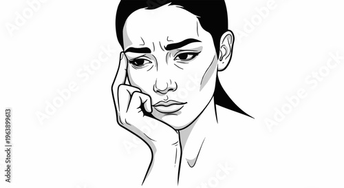 A black and white illustration of a woman with her hand on her chin, looking down and worried