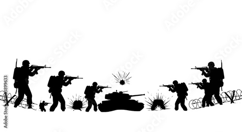 Soldiers with guns and tank in combat.