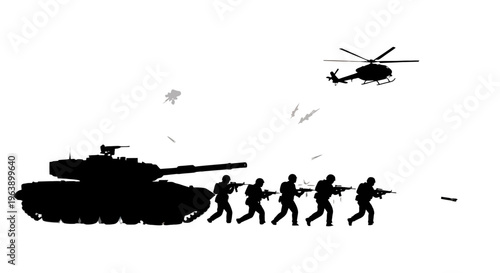 Soldiers with Tank and Helicopter Silhouette.