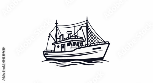 A black and white line drawing of a fishing vessel on wavy water
