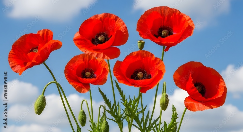 Naklejka premium Vibrant red poppies against a blue sky