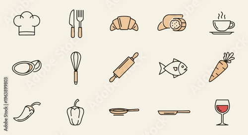 A collection of cartoon icons for food preparation and dining, including kitchen tools and ingredients