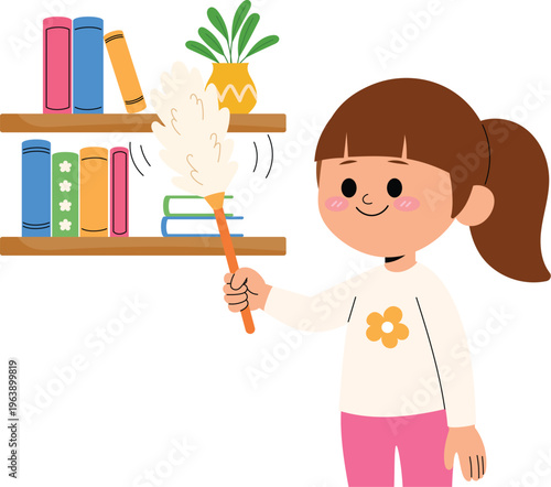 Happy girl dusting bookshelf with duster, Cheerful kids helping with chores at home illustration