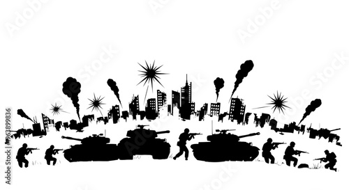 War Scene Silhouette with Tanks and Soldiers.