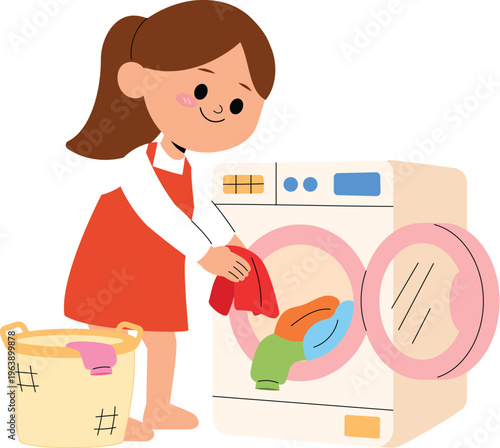 Young girl loading laundry machine, Cheerful kids helping with chores at home illustration