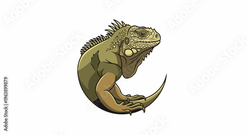 A detailed, stylized illustration of a green iguana curled into a crescent shape