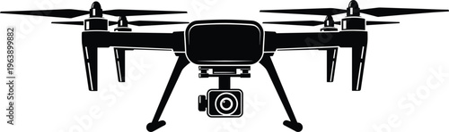 Silhouette of quadcopter drone with camera and landing legs, aerial technology photography videography surveying equipment illustration design