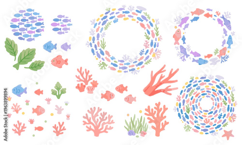 海の中の魚とサンゴの水彩風イラストセット