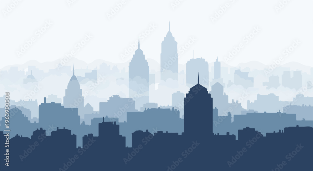 Naklejka premium A distant blue cityscape silhouette against a white sky with hazy mountains