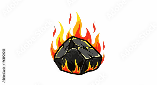 A black, faceted rock engulfed in stylized orange and yellow flames