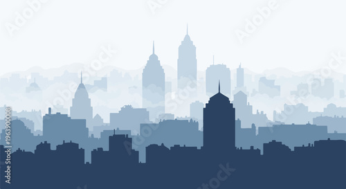 A distant blue cityscape silhouette against a white sky with hazy mountains