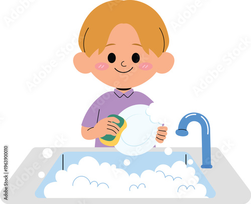 Smile Boy Washing Dishes in Sink, Cheerful kids helping with chores at home illustration
