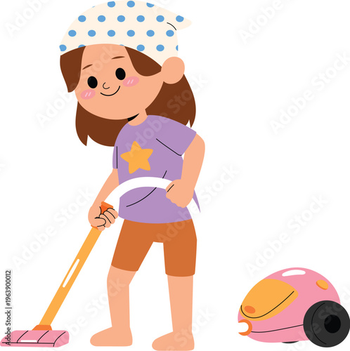Smile Girl Vacuuming a Room, Cheerful kids helping with chores at home illustration