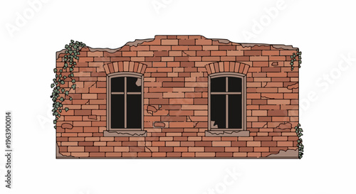 A dilapidated brick wall with two arched windows and creeping ivy