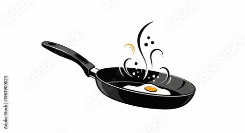 A black frying pan with a fried egg and steam rising