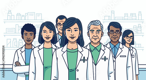 A diverse group of medical professionals stand together, smiling