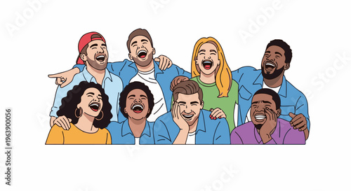 A diverse group of people laughing together, captured in a colorful cartoon style