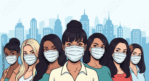 A diverse group of women in masks stand against a city skyline