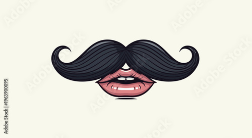 A black handlebar mustache sits above rosy lips and teeth