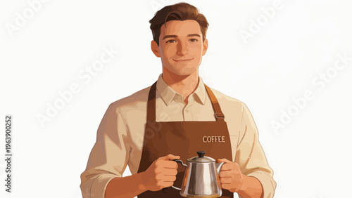 Man in coffee apron holding kettle