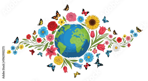 Colorful illustration of Earth surrounded by vibrant flowers and butterflies celebrating Earth Day