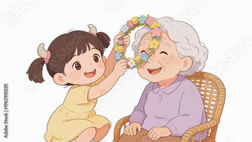 Granddaughter placing flower crown on grandmother